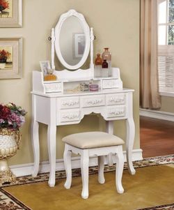 WHITE FINISH TRADITIONAL STYLE VANITY TABLE CABINET STOOL MIRROR