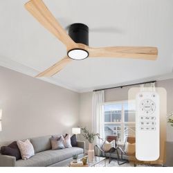 52inch Ceiling Fan with Lights,Flush Mount Wood Ceiling Fans with Remote Control,Dimmable Light,Noiseless DC Motor,Ceiling Fan for Bedroom,Living Room