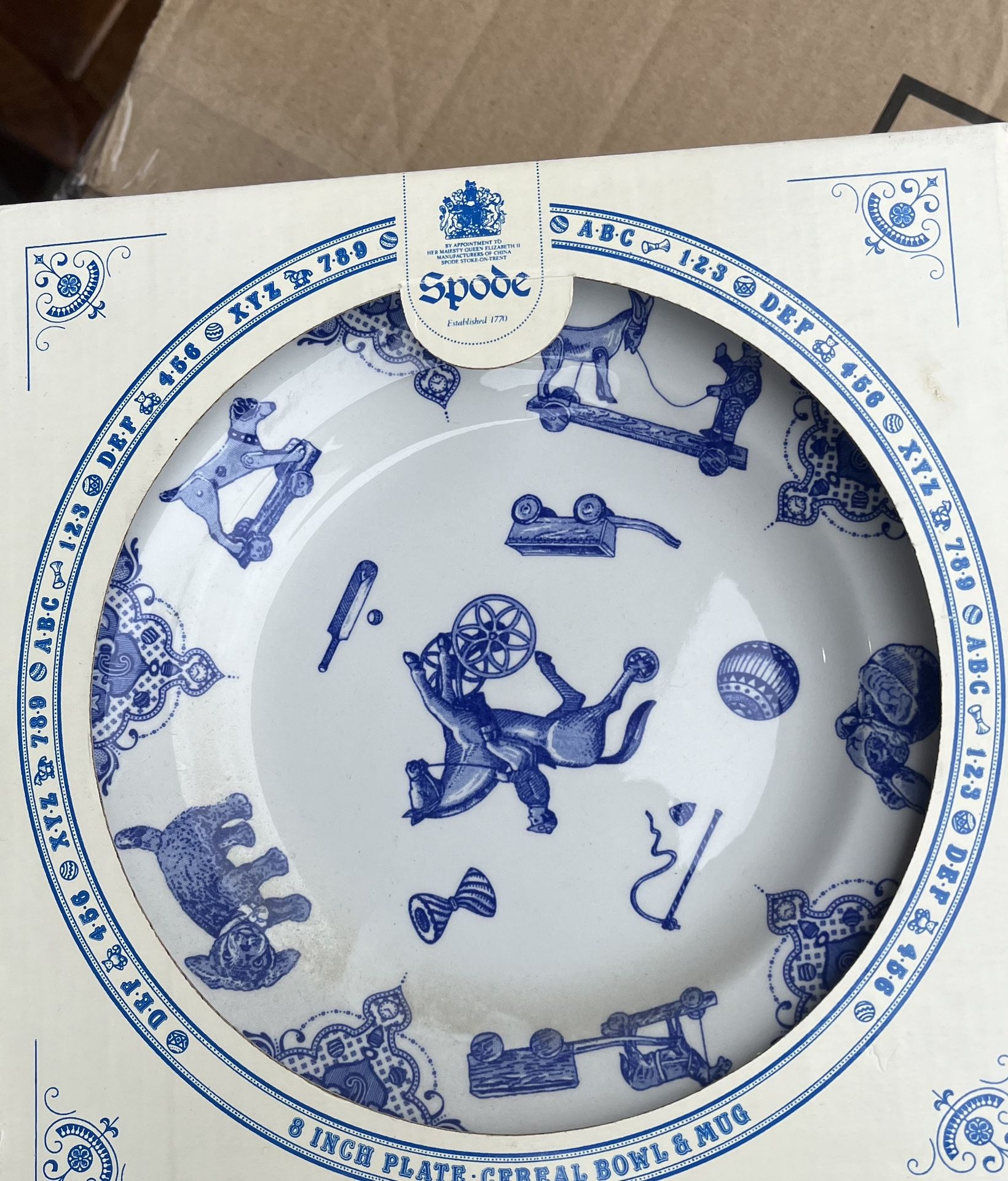 Spode Edwardian Kids Breakfast Set Blue and White Cup Bowl Plate