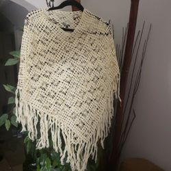 Homemade knitted Off White wool shawl coverup New