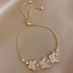 14K Gold-Plated Butterfly Rhinestone Adjustable Size Bracelet Pulsera 