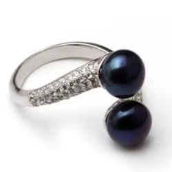 Natural Double Black Freshwater Pearl Ring  Adjustable Ring 
