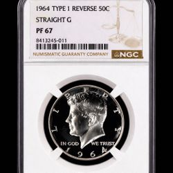 1964 Kennedy Silver Half Dollar 90% Silver– PF67 NGC, Straight G Type 1- RARE!