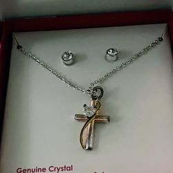 Genuine Crystal 18” Pendant cross necklace and earring set NEW IN BOX
