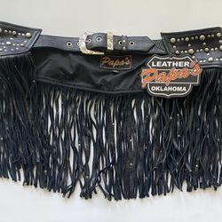 PAPA’S Oklahoma Black Leather Fringe Hip Belt Women’s XL Buckle Studded Western Boho Motorcycle 
