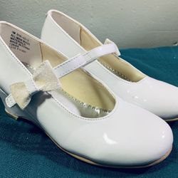 Christie & Jill girl size 1 white patent Mary Jane style with bows velcro strap Easter wedge shoes