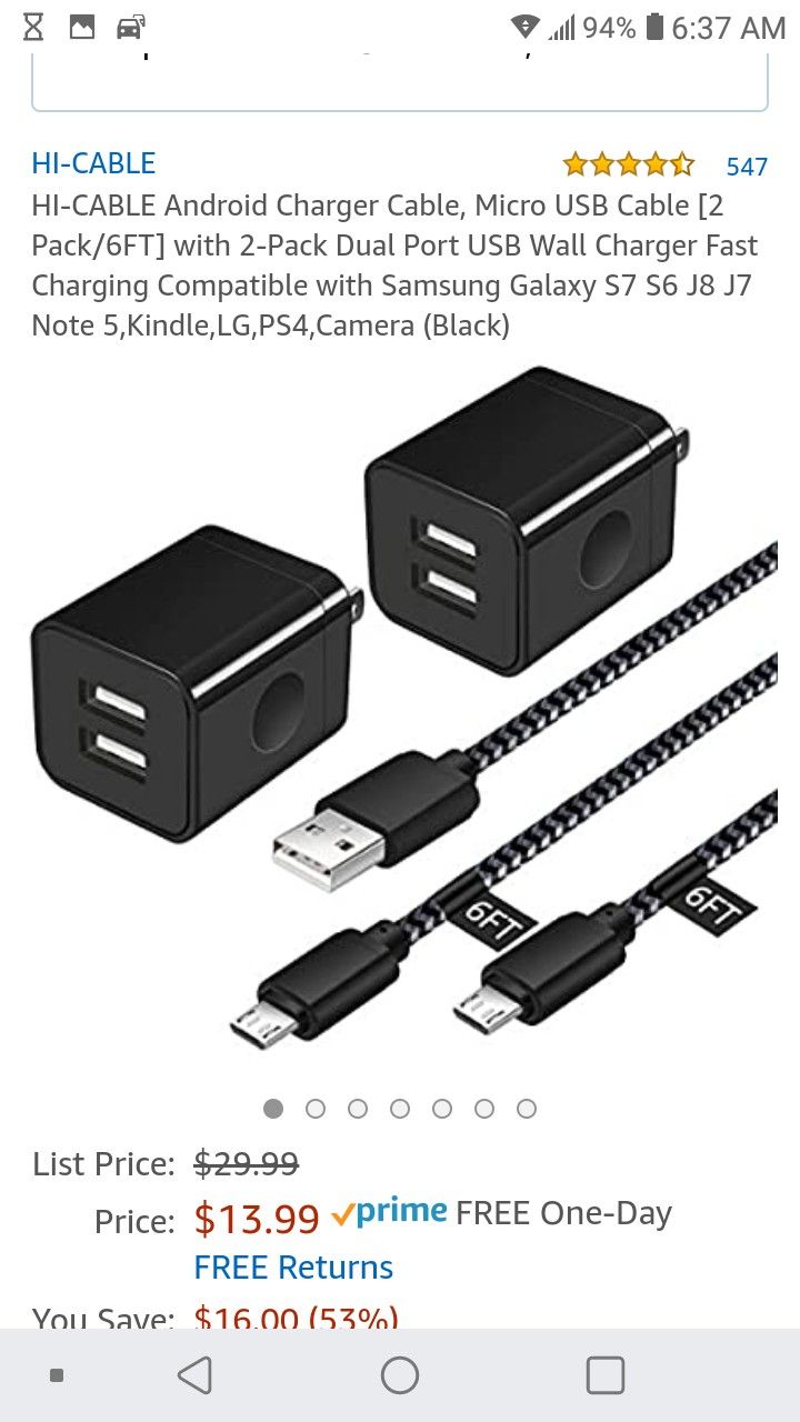 New! 2pk dual port USB wall charger w 2 pk 6ft cable