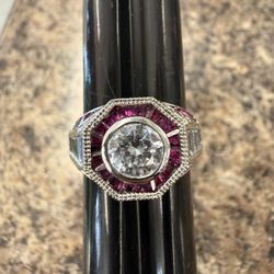 14k Art Deco Ring With CZ And Rubies Size 8