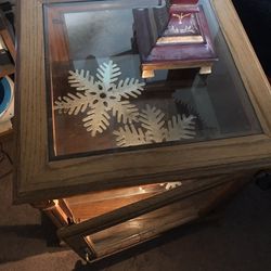 Wooden Display Chest Or End Table With Glass Shelve