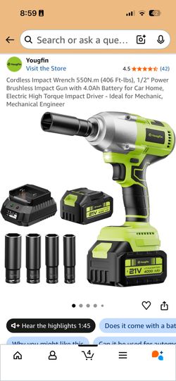 Cordless Impact Wrench 550N.m (406 Ft-lbs), 1/2" Power Brushless Impact Gun with 4.0Ah Battery