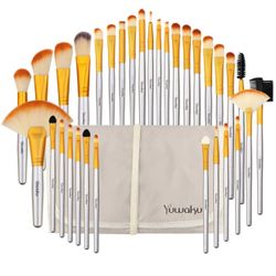 Champagne Makeup Brushes Set, Foundation Powder Blush Eyeshadow Brushes Blending 32 Piece NO Shed Cruelty-Free Synthetic Fiber Bristles Brushes