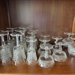 Vintage Fine Waterford Elegant Crystal Stemware Glasses, set of 17 pieces.  Alana Water Goblet 7” 6 each, Alana Wine Goblet 5 7/8” 4 each, Alana Champ