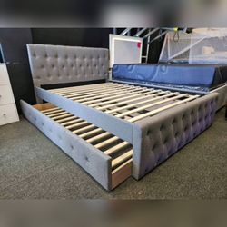 Light gray linen Full Bed
frame with Slats + Trundle