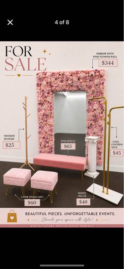 Flower wall, stools, bench, clothing rack, purse rack, coat rack, mirror, espejo, pink stool