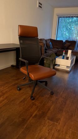 High-Back Mesh Office Chair with Brown Faux Leather Seat