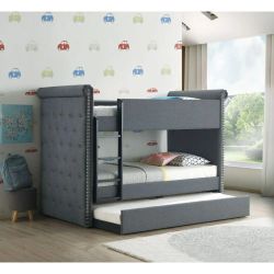 GLAM GRAY FABRIC TWIN SIZE BUNKBED TRUNDLE NAILHEAD ACCENTS - KIDS FURNITURE - LITERA