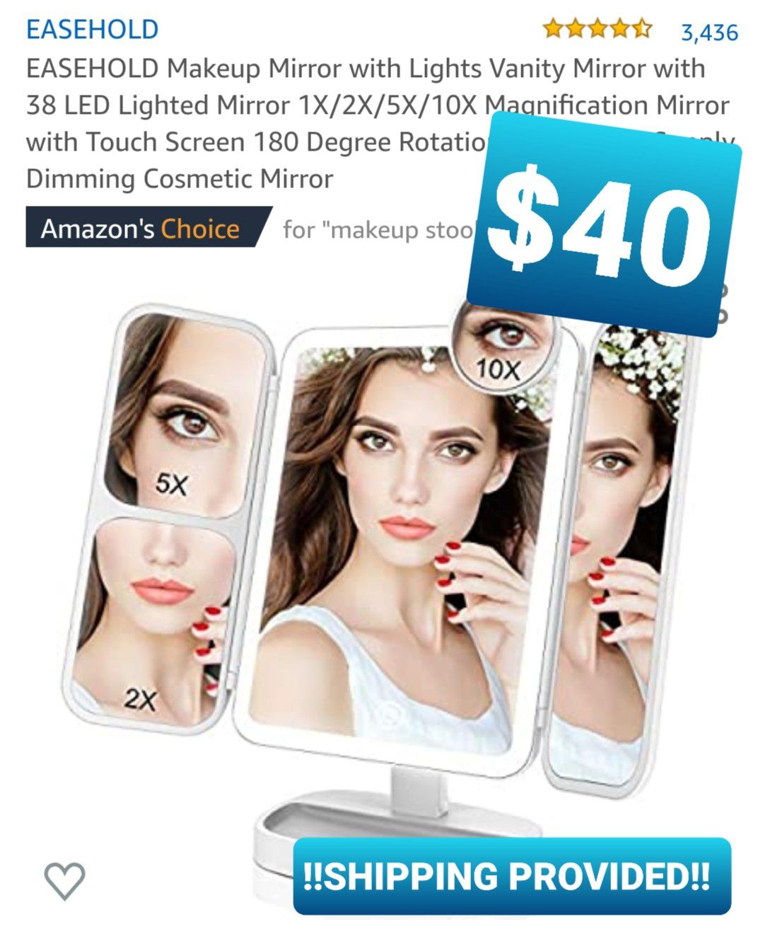 EASEHOLD Makeup Mirror with Lights Vanity Mirror with 38 LED Lighted Mirror 1X/2X/5X/10X Magnification, espejo con luz