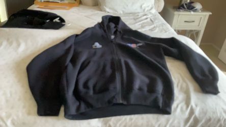 Hooded dark blue zip up sweatshirt