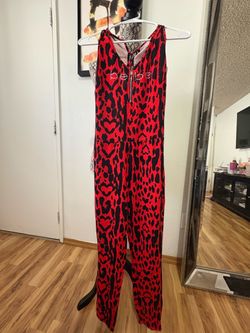 Red Leopard Print Jumpsuit with Zipper