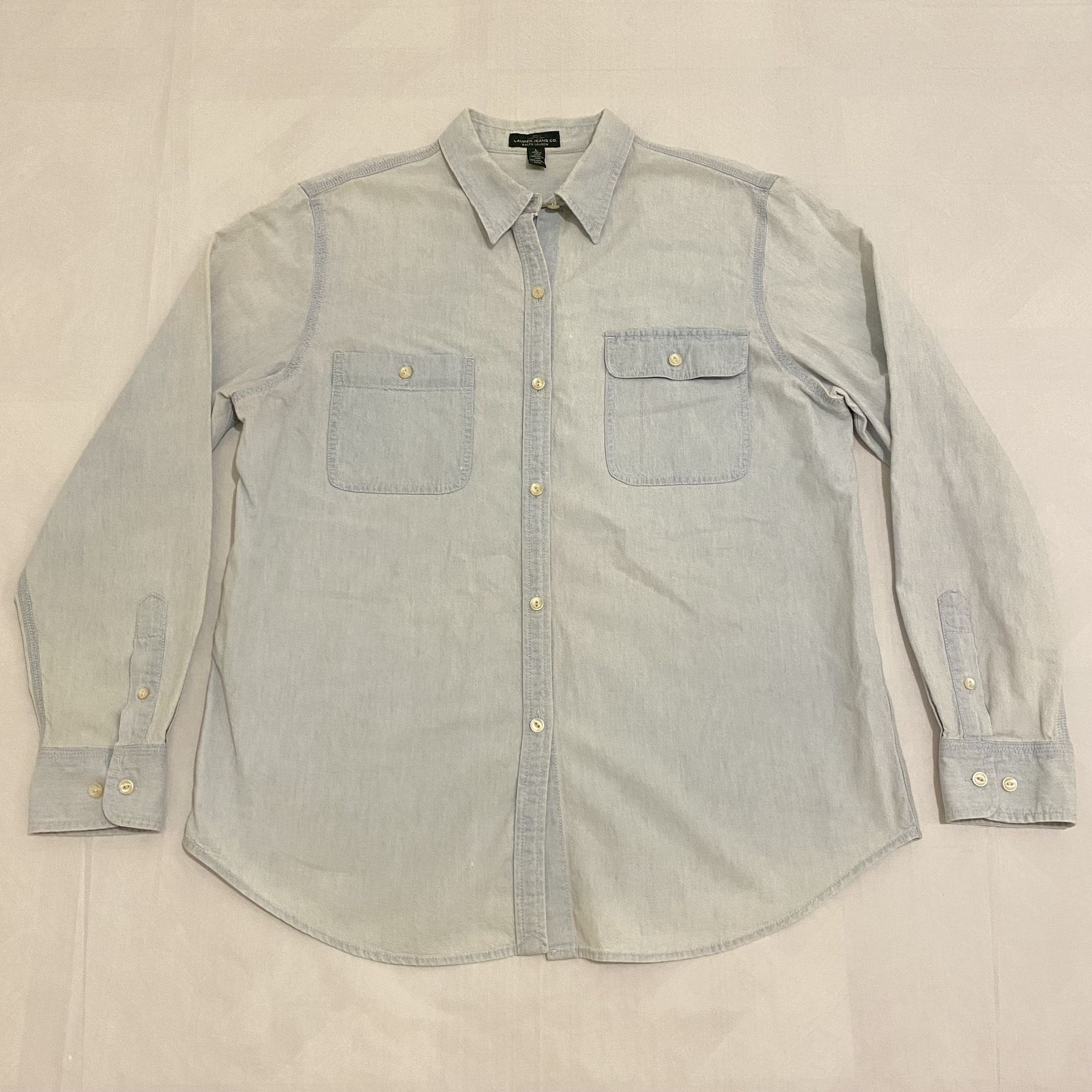 LRL LAUREN JEANS CO. RALPH LAUREN Sky/Blue Button Pockets Denim Jean Shirt Sz L