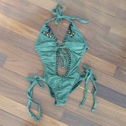 Olive Green Velvet One Piece Cut Out Halter Top With Scrutch Butt Swimsuit 