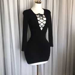 Black Long Sleeve Strappy Mini Dress Size S