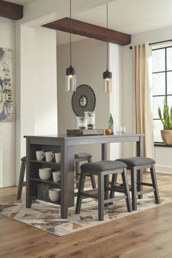 5 Pc - Rectangular Dining Room Counter Table, 4 Upholstered Stools
