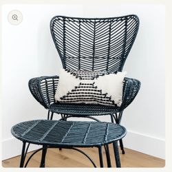 Black Rattan Wingback Chair & Ottoman Set