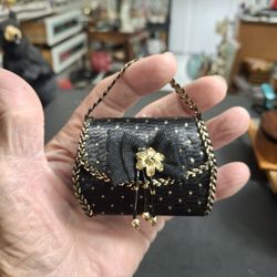 Fete Midnite Star Collectible Doll Purse, Functional With Snap Closure, Black Textured Body W/Goldtone Accents W/Central Floral Gold Beading 