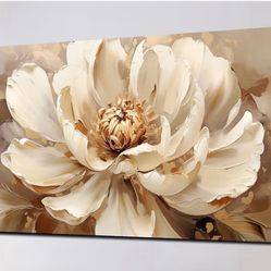 Large Floral Canvas Wall Art Print - Beige and White