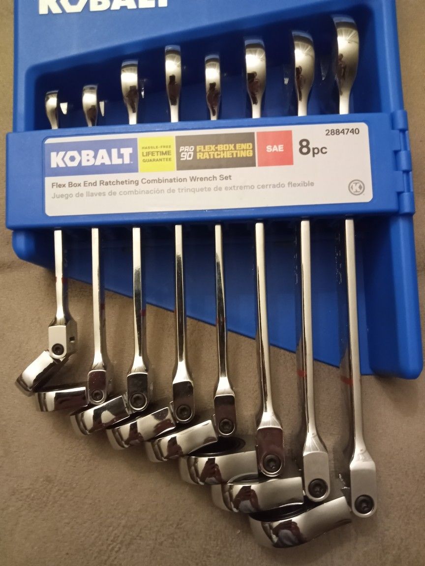 KOBALT 8PC PRO90 SAE FLEX BOX END RATCHETING COMBO WRENCH SET for