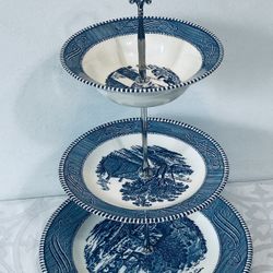VNTG Currier & Ives 3-Tier Tidbit Tray New Silver Handle