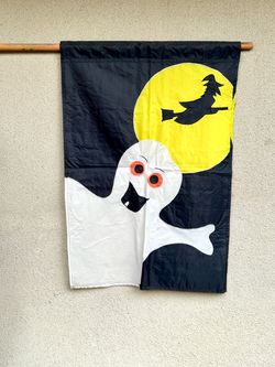 Vintage 90s Halloween Scary Ghost & Witch Garden Flag