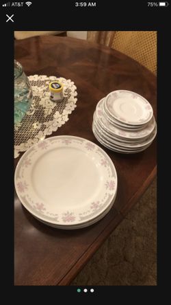 china pink and gray floral border 15 pieces of plates, saucers and salad plates