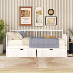 NEW Twin Size Daybed Wood Bed with Two Drawers,White