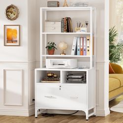 Vertical File Cabinet with Charging Station, Lock & Large Drawer, Printer Stand with Storage Shelves, Office Storage Cabinet fits Letter/A4/Legal Size