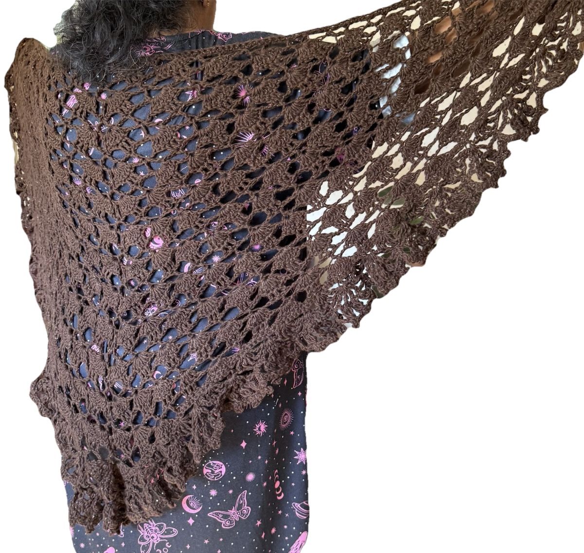 Brown shimmer BRIDAL crochet LACY KNIT scarf PRAYER shawl triangle WRAP SHELLS