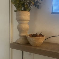 Pottery Vase And Wood Bowl