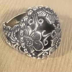 Carolyn Pollack Floral Onyx Ring Sterling Silver Relios Jewelry
