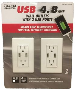 Feit Electric 2-Pack Tamper Resistant Wall Outlet 120V, with (2) USB Ports 4.8 amp