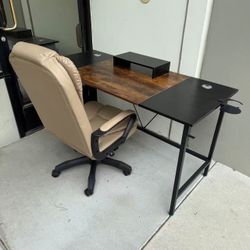 New In Box 55x24x30 Inch Rustic Brown Office Computer Desk With Khaki Color Chair Combo Set 