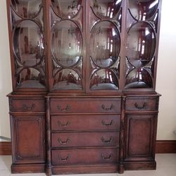 Antique Bubble Glass Georgian Breakfront Writing Desk Cabinet Bookcase