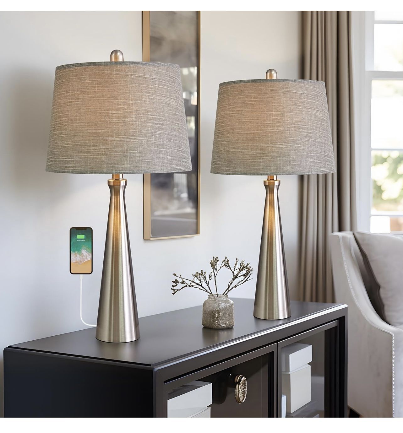 Oneach 25.75" Modern USB Table Lamp Set of 2 for Living Room Bedroom Bedside Nightstand Lamps Fabric Shade Accent Light Silver 