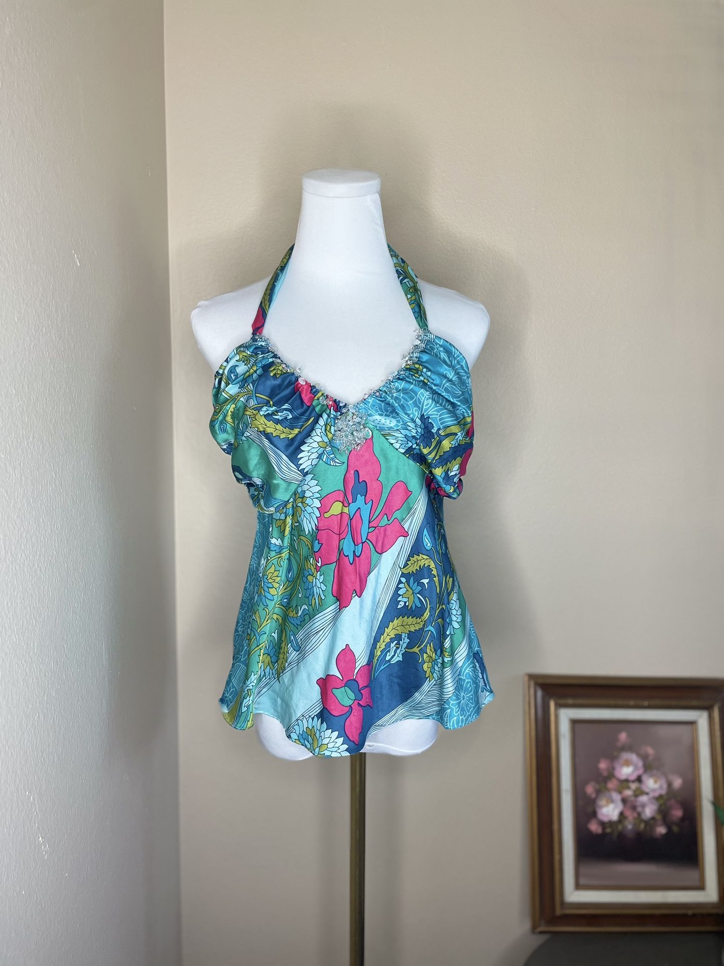 ECI Vintage silk floral and beaded halter top size 6