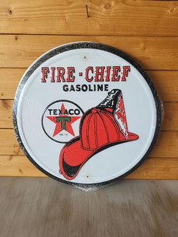 Texaco Fire-Chief Gasoline Embossed Round Metal Sign 12"