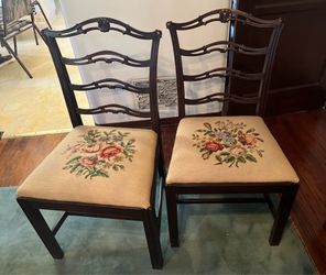 Pair of French Ladder Back Chairs Rose Needlepoint Seats