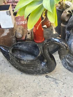 Vintage ceramic black swan planter