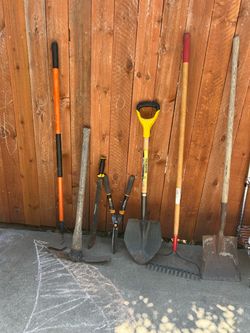 7-Piece Garden Tool Bundle — Shovels, Rake, Mattock & Fiskars