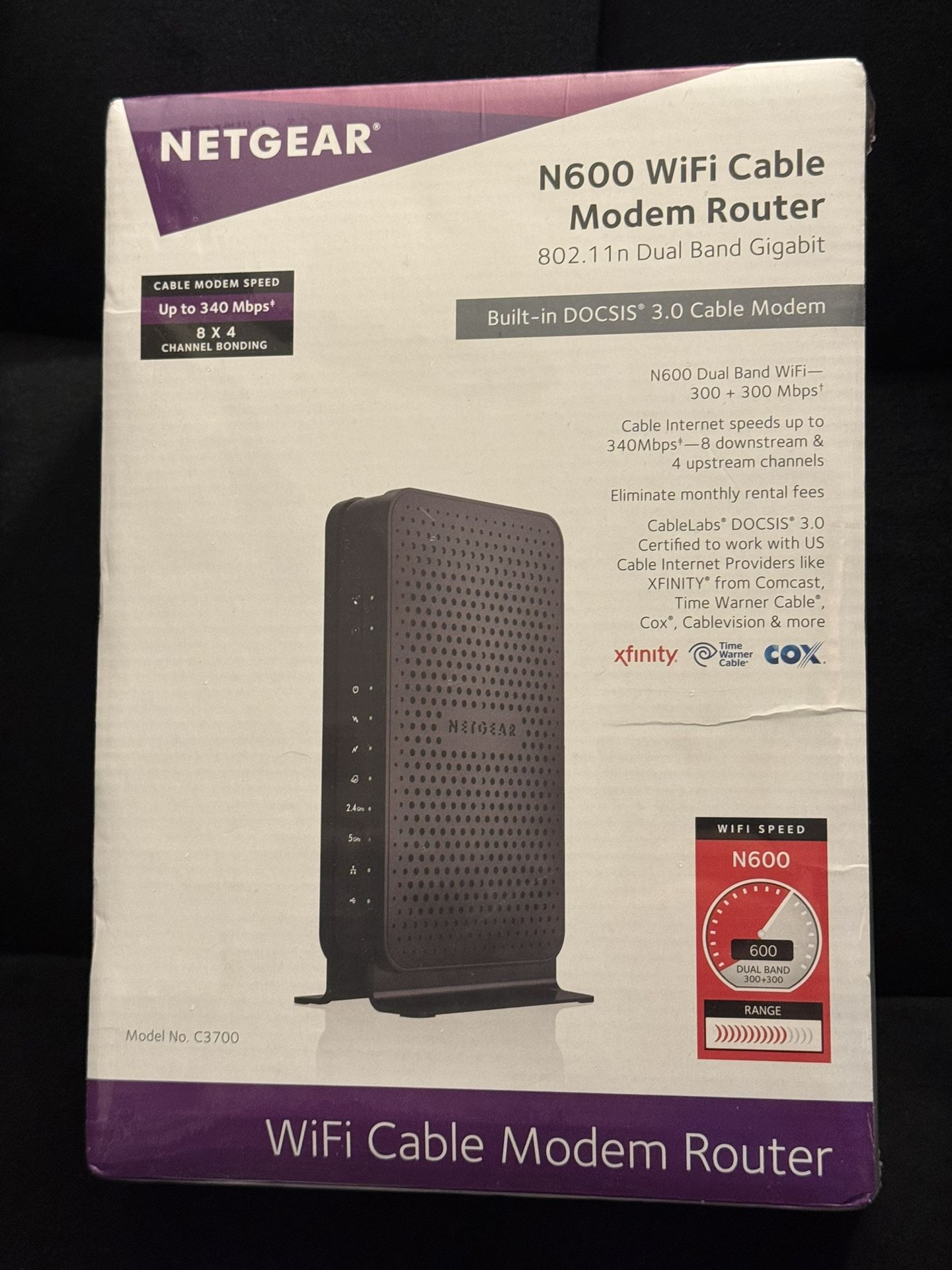 New Netgear N600 Wi-Fi Cable Modem Router 802.11 Dual Band Gigabit C3700