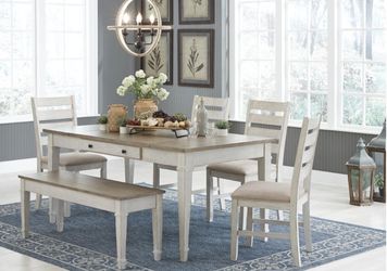Ashley Skempton Farmhouse Dining Table with Storage - 4 Chairs & Bench with Storage